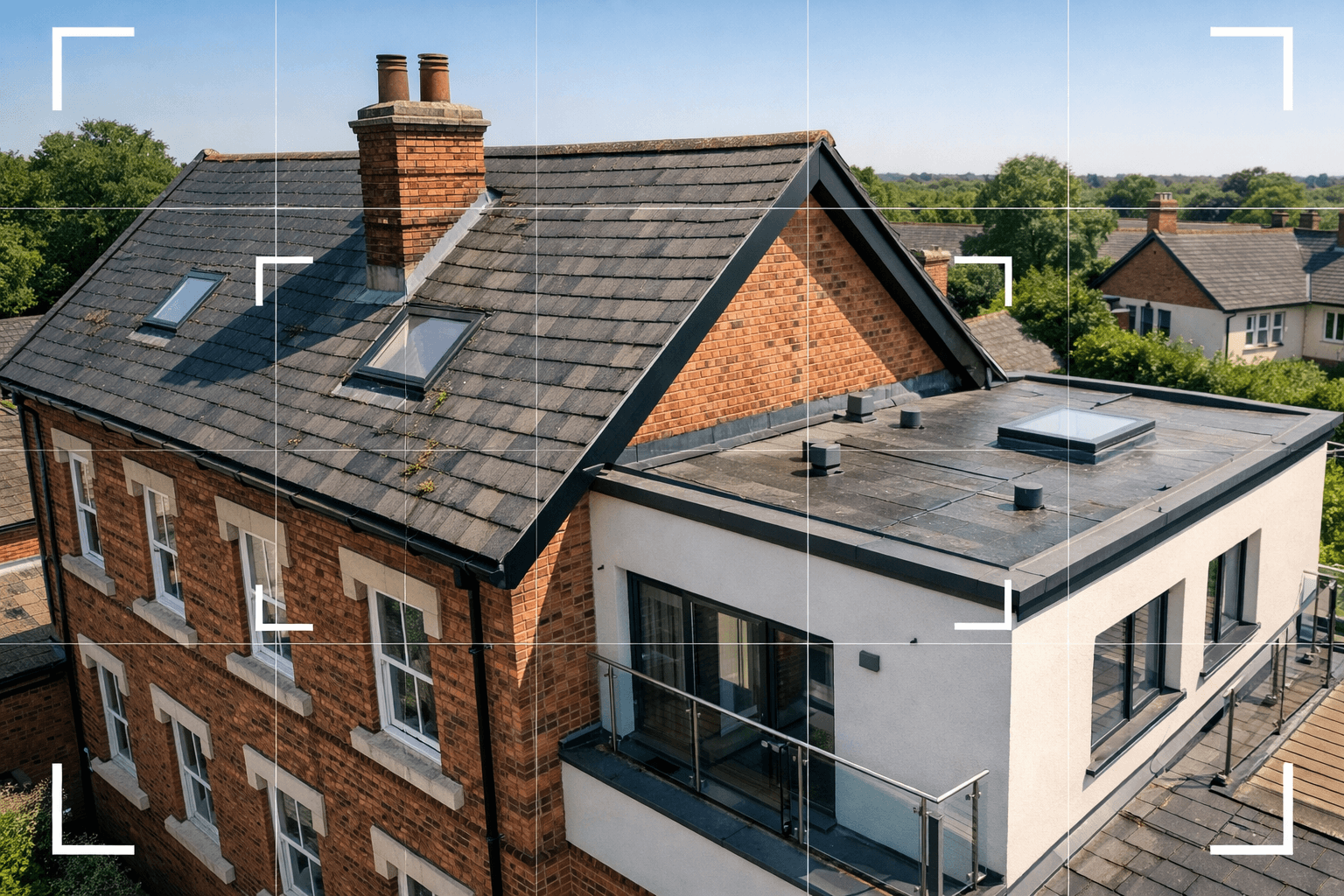 Drone building survey — rooftop inspection view captured from drone