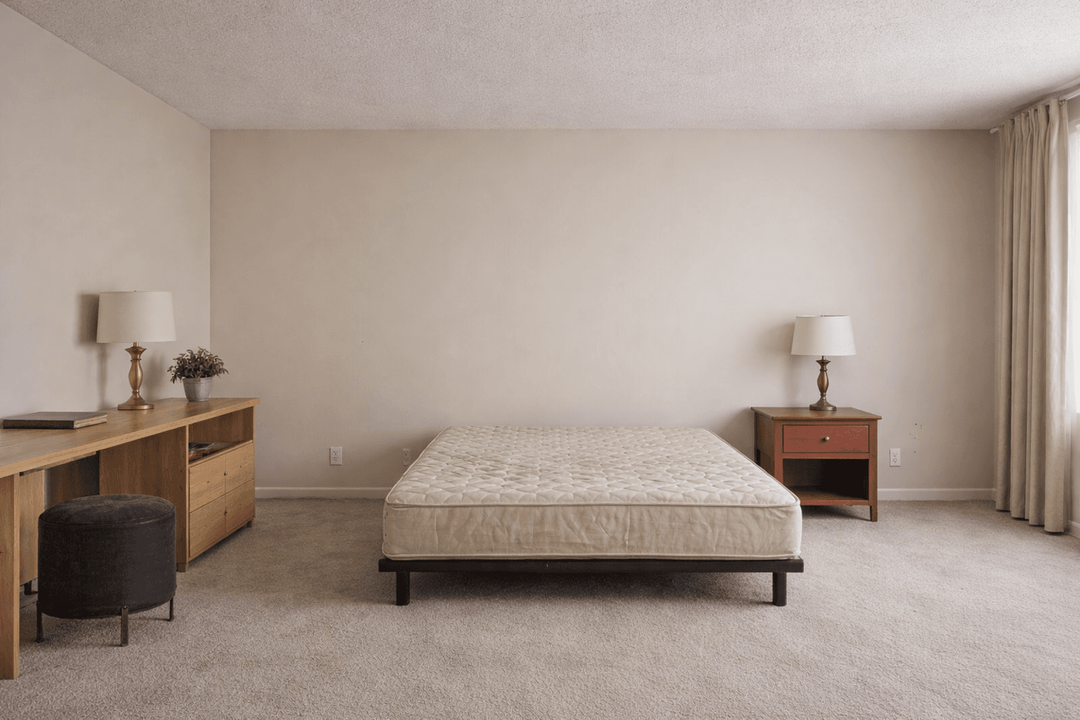 Bedroom before refurbishment — tired interior condition